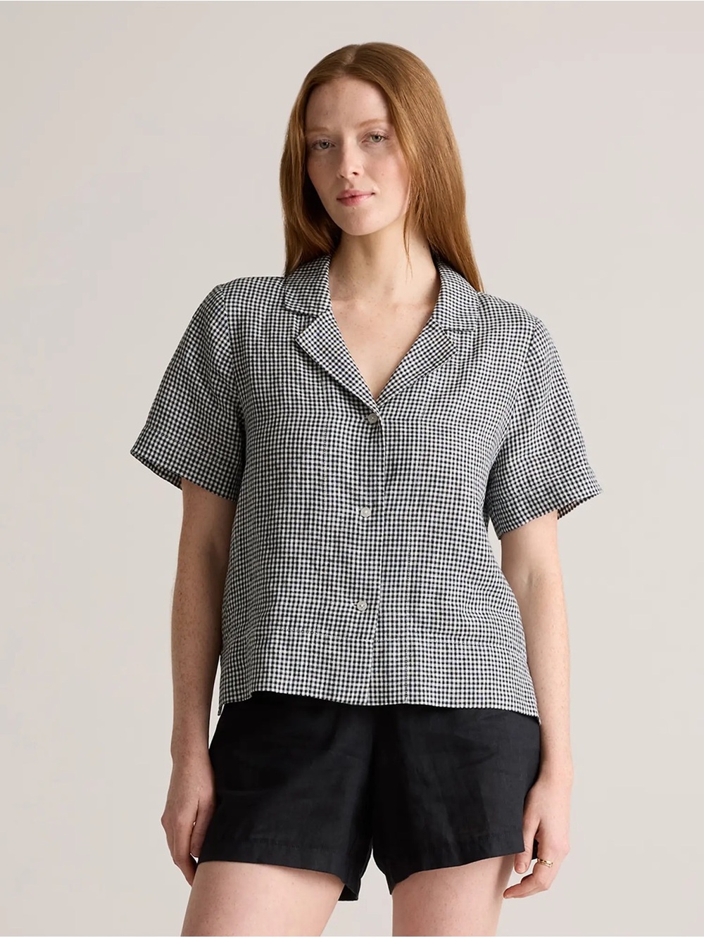 Quince 100% European Linen Gingham Short Sleeve Button Down Shirt Navy White XL